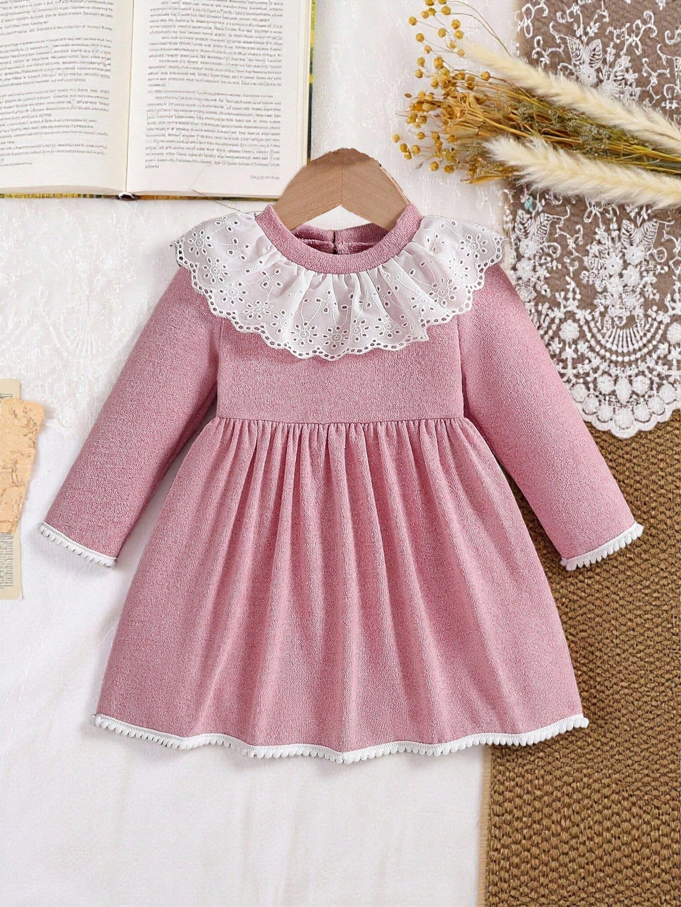 Baby Girls' Pink And White Cute Birthday A-Line Dress,Solid Long Sleeve Ruffle Trim Round Neck Elegant Autumn Fall Winter Outfits For Gatherings