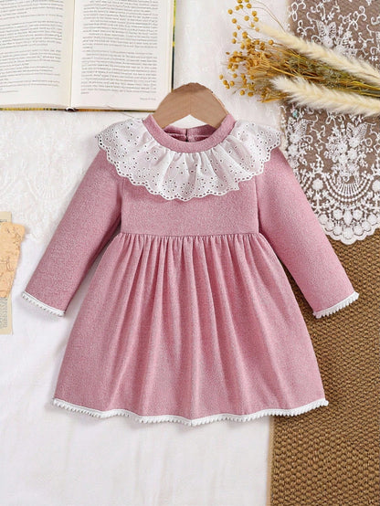 Baby Girls' Pink And White Cute Birthday A-Line Dress,Solid Long Sleeve Ruffle Trim Round Neck Elegant Autumn Fall Winter Outfits For Gatherings