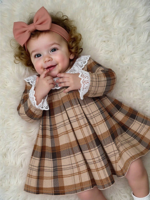 Baby Girls' Plaid Lace Trim Pleated Cute Long Sleeve Dress, Elegant Casual Suitable For Daily, Work, Vacation Fall Winter