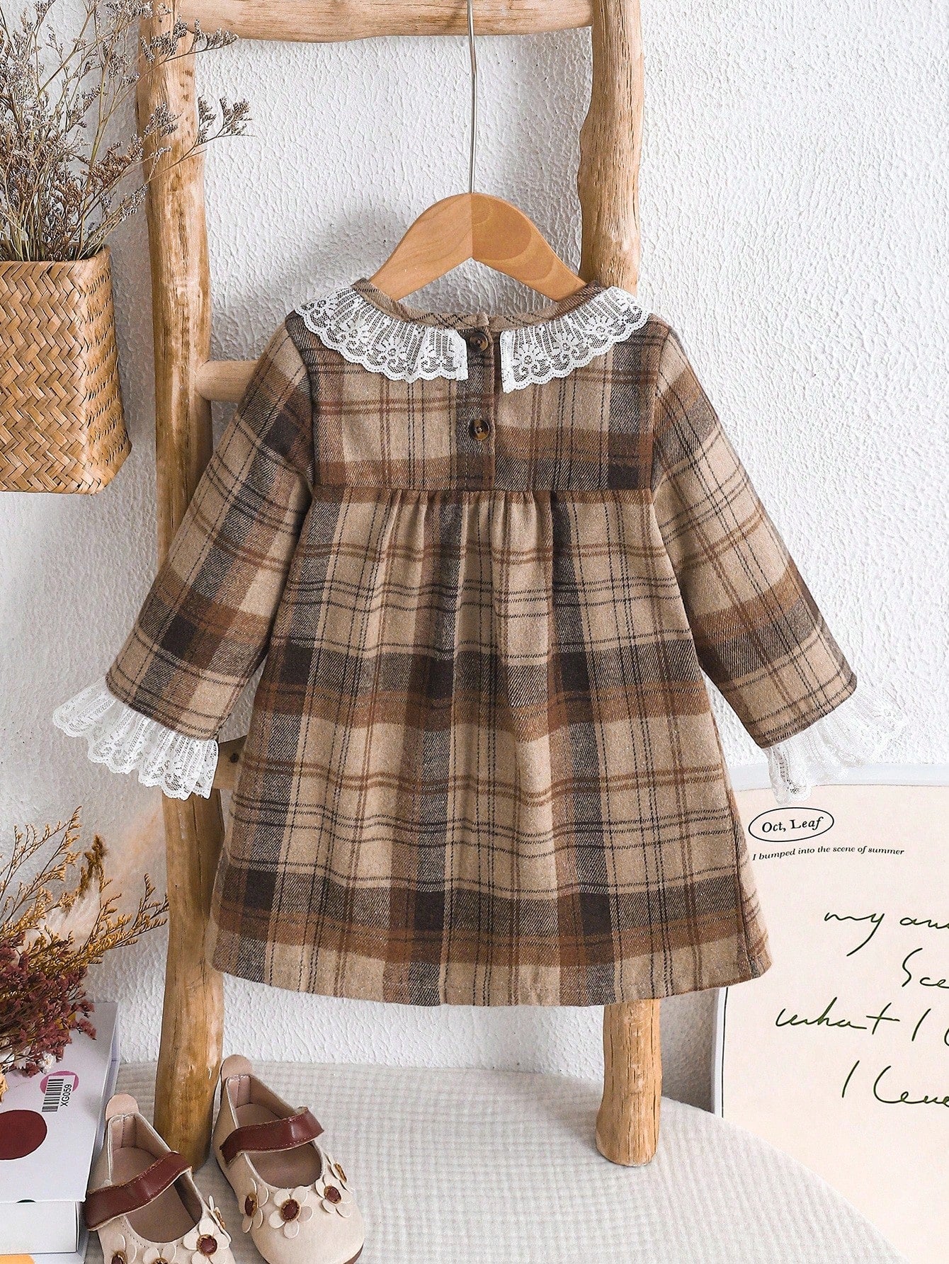 Baby Girls' Plaid Lace Trim Pleated Cute Long Sleeve Dress, Elegant Casual Suitable For Daily, Work, Vacation Fall Winter