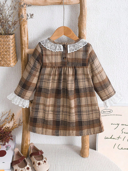 Baby Girls' Plaid Lace Trim Pleated Cute Long Sleeve Dress, Elegant Casual Suitable For Daily, Work, Vacation Fall Winter