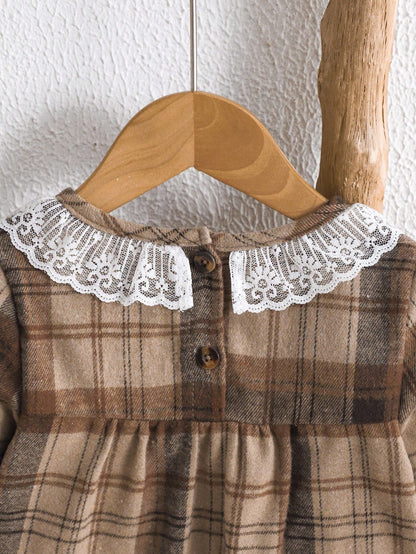 Baby Girls' Plaid Lace Trim Pleated Cute Long Sleeve Dress, Elegant Casual Suitable For Daily, Work, Vacation Fall Winter
