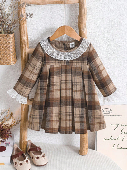 Baby Girls' Plaid Lace Trim Pleated Cute Long Sleeve Dress, Elegant Casual Suitable For Daily, Work, Vacation Fall Winter