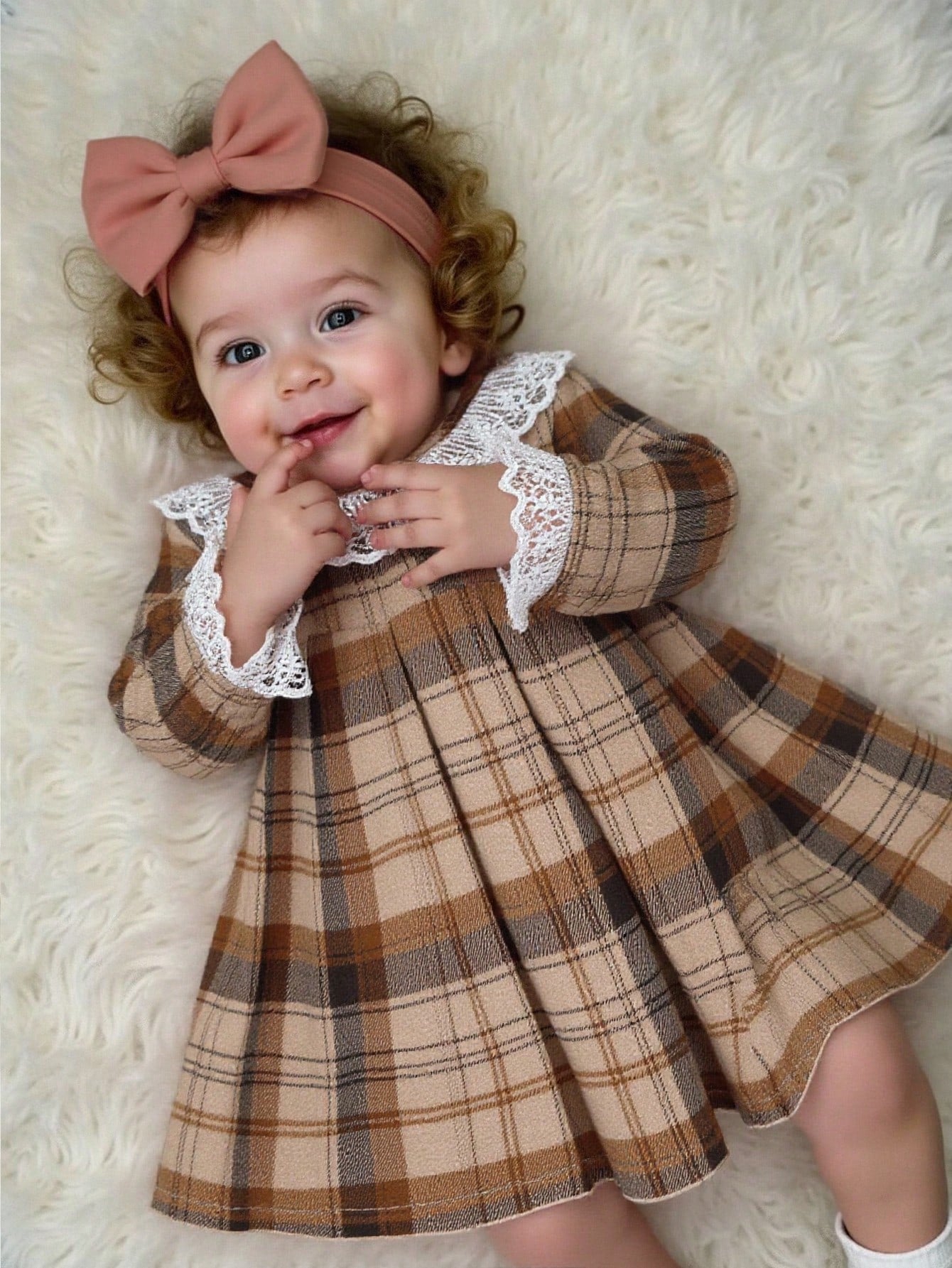 Baby Girls' Plaid Lace Trim Pleated Cute Long Sleeve Dress, Elegant Casual Suitable For Daily, Work, Vacation Fall Winter
