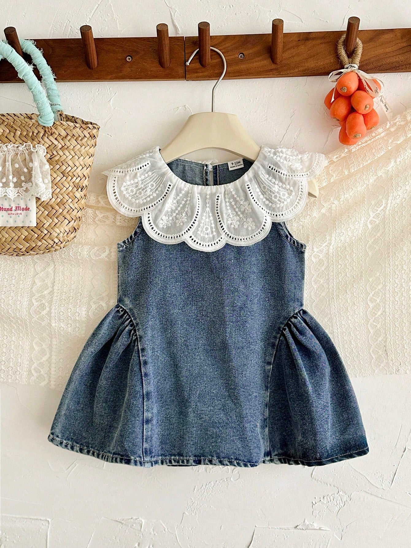 Baby Girls Summer Blue Sleeveless A-Line Dress, Peter Pan Collar, Cute Minimalist Versatile Style, Exquisite Large Turn-Down Collar, Vintage Washed Light Blue, Hem Patchwork Design, Gentle Sweet