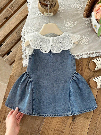 Baby Girls Summer Blue Sleeveless A-Line Dress, Peter Pan Collar, Cute Minimalist Versatile Style, Exquisite Large Turn-Down Collar, Vintage Washed Light Blue, Hem Patchwork Design, Gentle Sweet