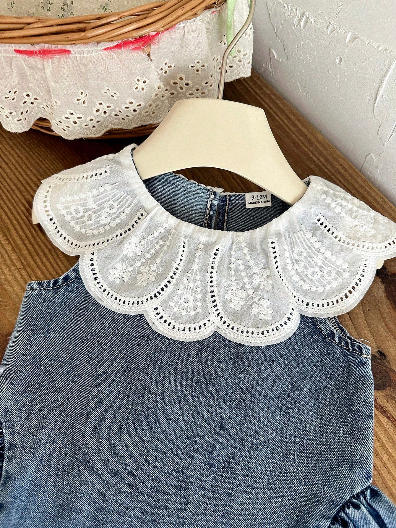 Baby Girls Summer Blue Sleeveless A-Line Dress, Peter Pan Collar, Cute Minimalist Versatile Style, Exquisite Large Turn-Down Collar, Vintage Washed Light Blue, Hem Patchwork Design, Gentle Sweet