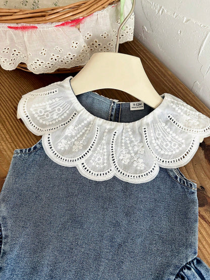 Baby Girls Summer Blue Sleeveless A-Line Dress, Peter Pan Collar, Cute Minimalist Versatile Style, Exquisite Large Turn-Down Collar, Vintage Washed Light Blue, Hem Patchwork Design, Gentle Sweet