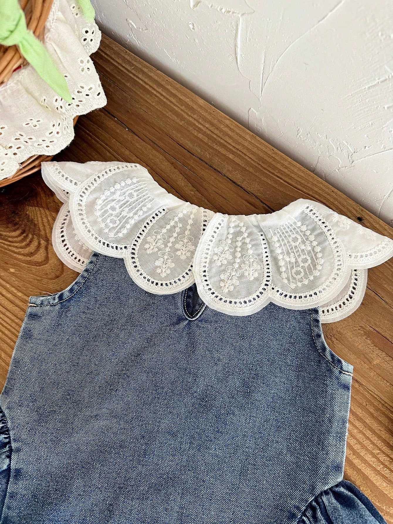 Baby Girls Summer Blue Sleeveless A-Line Dress, Peter Pan Collar, Cute Minimalist Versatile Style, Exquisite Large Turn-Down Collar, Vintage Washed Light Blue, Hem Patchwork Design, Gentle Sweet