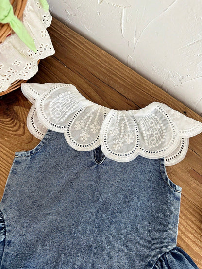 Baby Girls Summer Blue Sleeveless A-Line Dress, Peter Pan Collar, Cute Minimalist Versatile Style, Exquisite Large Turn-Down Collar, Vintage Washed Light Blue, Hem Patchwork Design, Gentle Sweet