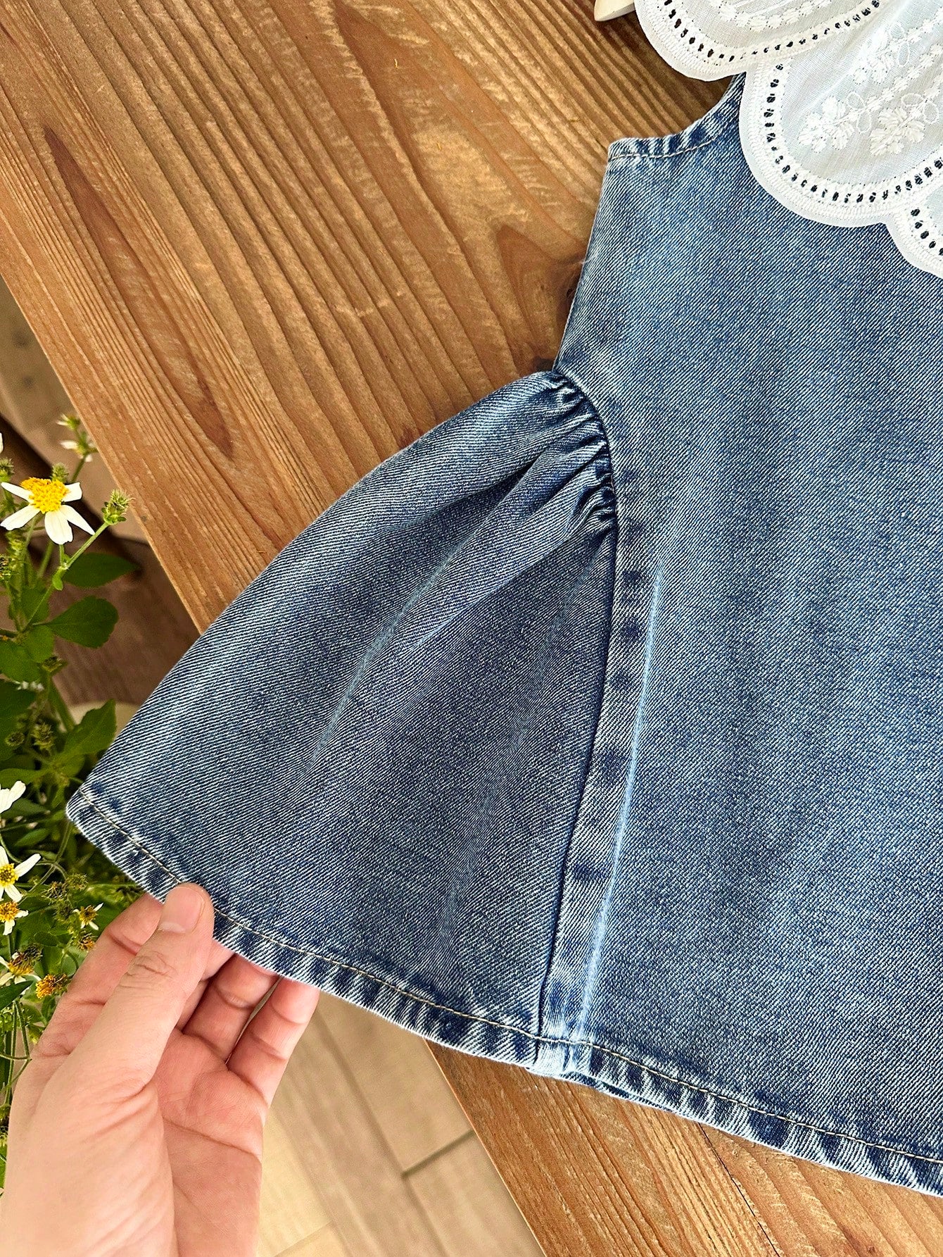 Baby Girls Summer Blue Sleeveless A-Line Dress, Peter Pan Collar, Cute Minimalist Versatile Style, Exquisite Large Turn-Down Collar, Vintage Washed Light Blue, Hem Patchwork Design, Gentle Sweet
