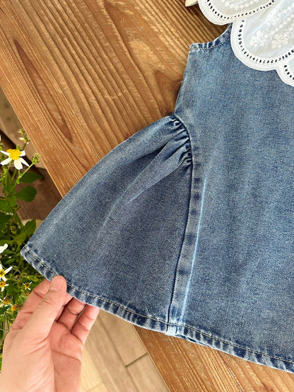 Baby Girls Summer Blue Sleeveless A-Line Dress, Peter Pan Collar, Cute Minimalist Versatile Style, Exquisite Large Turn-Down Collar, Vintage Washed Light Blue, Hem Patchwork Design, Gentle Sweet