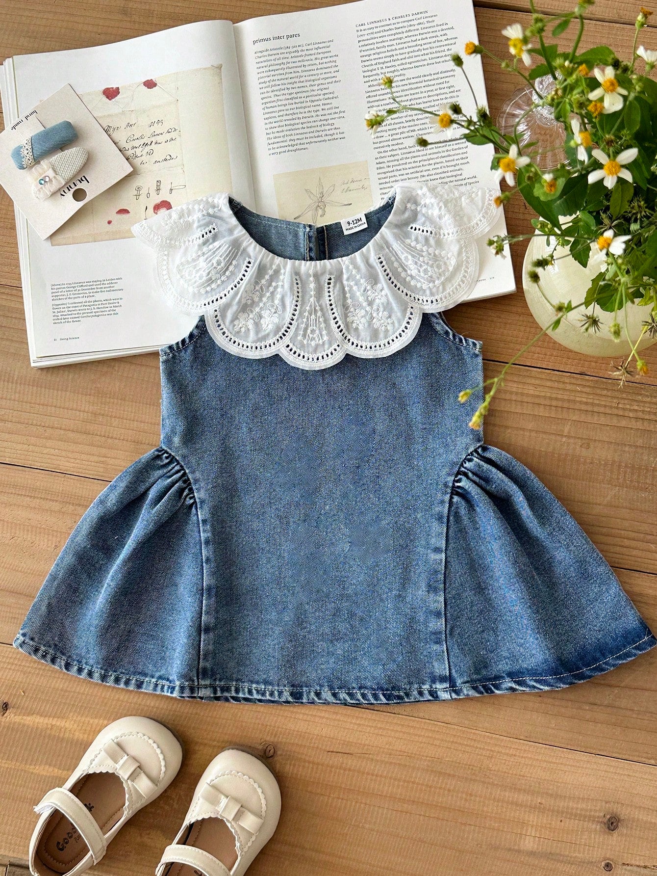 Baby Girls Summer Blue Sleeveless A-Line Dress, Peter Pan Collar, Cute Minimalist Versatile Style, Exquisite Large Turn-Down Collar, Vintage Washed Light Blue, Hem Patchwork Design, Gentle Sweet
