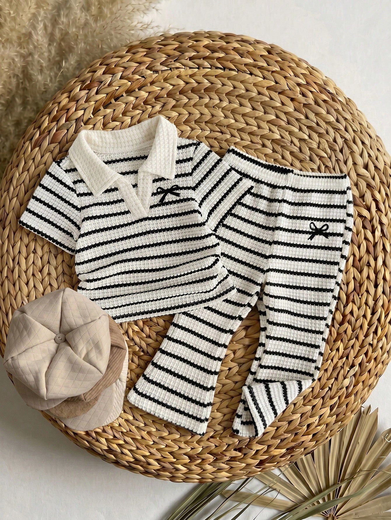 Baby GirlStriped Polo Shirt + Flare Pants 2 Pieces Set, Casual Outfit With Bow Print