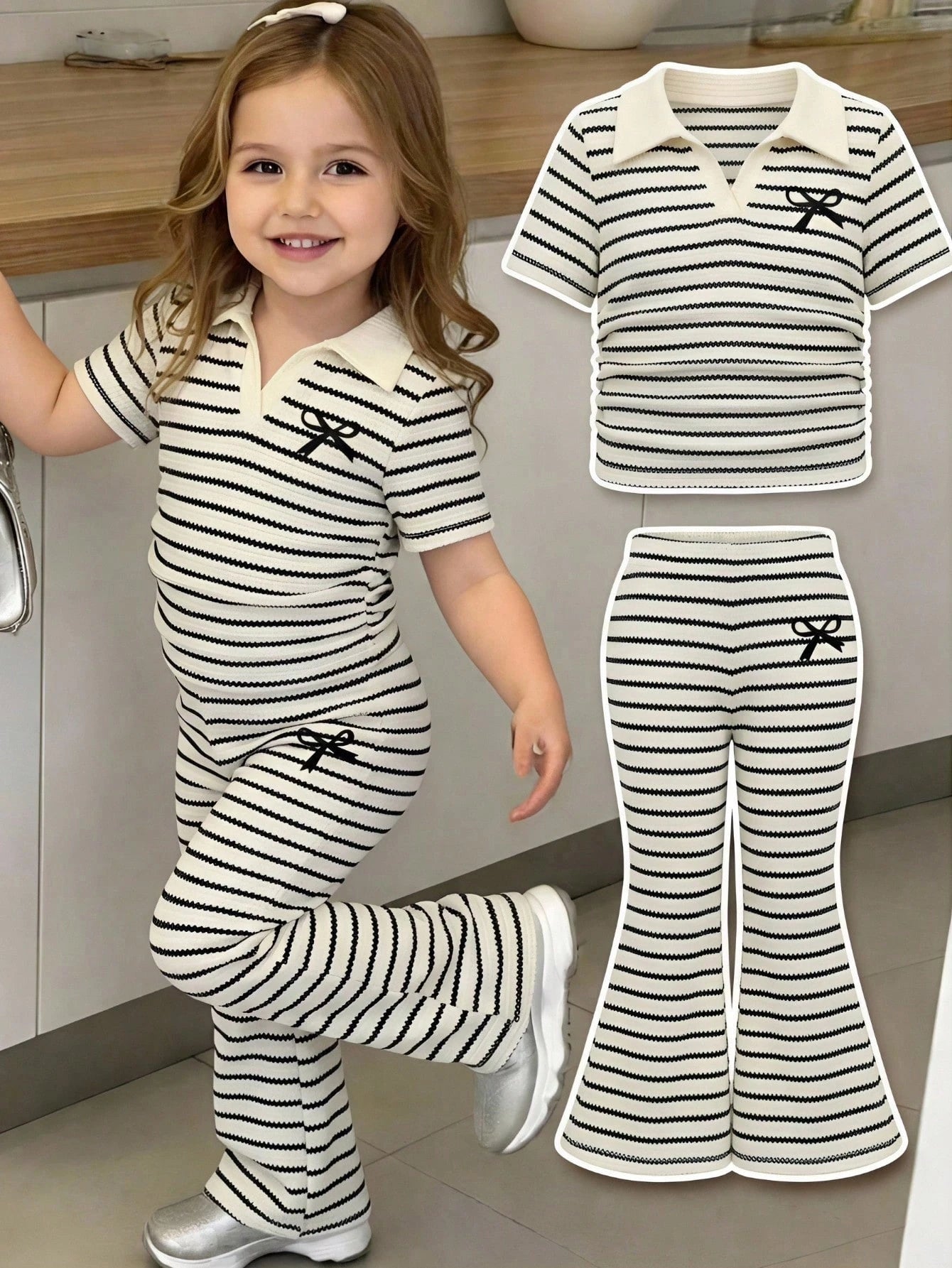Baby GirlStriped Polo Shirt + Flare Pants 2 Pieces Set, Casual Outfit With Bow Print