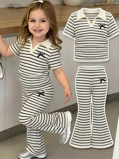 Baby GirlStriped Polo Shirt + Flare Pants 2 Pieces Set, Casual Outfit With Bow Print
