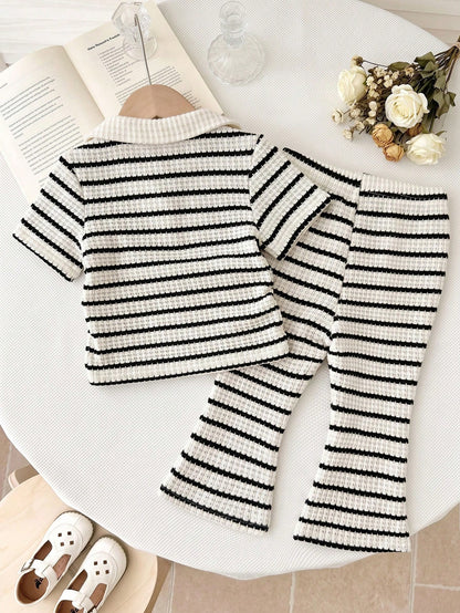 Baby GirlStriped Polo Shirt + Flare Pants 2 Pieces Set, Casual Outfit With Bow Print
