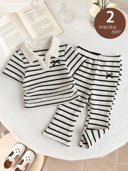 Baby GirlStriped Polo Shirt + Flare Pants 2 Pieces Set, Casual Outfit With Bow Print