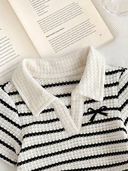 Baby GirlStriped Polo Shirt + Flare Pants 2 Pieces Set, Casual Outfit With Bow Print