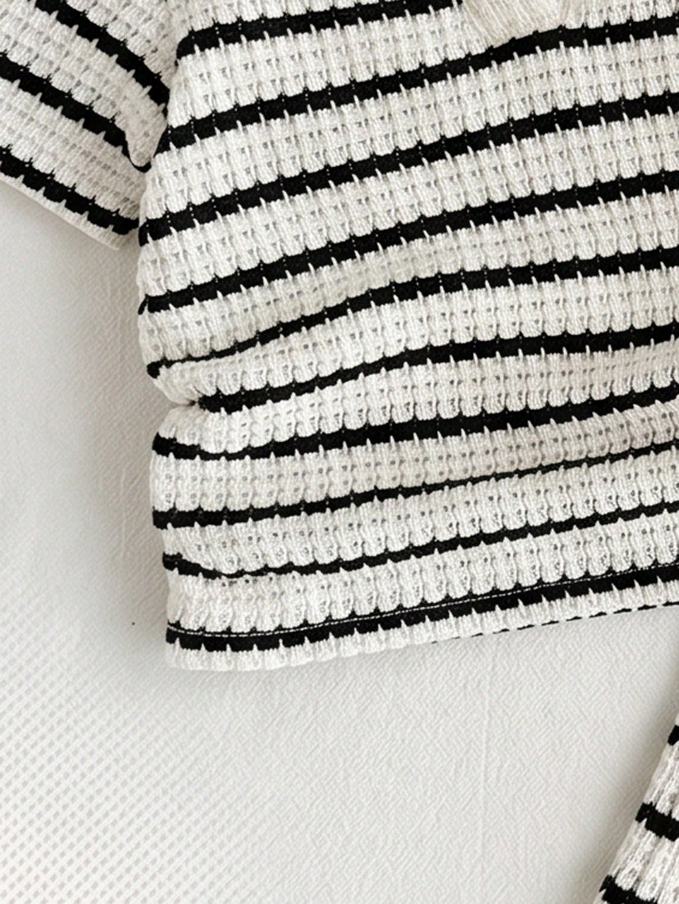 Baby GirlStriped Polo Shirt + Flare Pants 2 Pieces Set, Casual Outfit With Bow Print