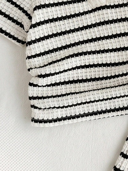 Baby GirlStriped Polo Shirt + Flare Pants 2 Pieces Set, Casual Outfit With Bow Print