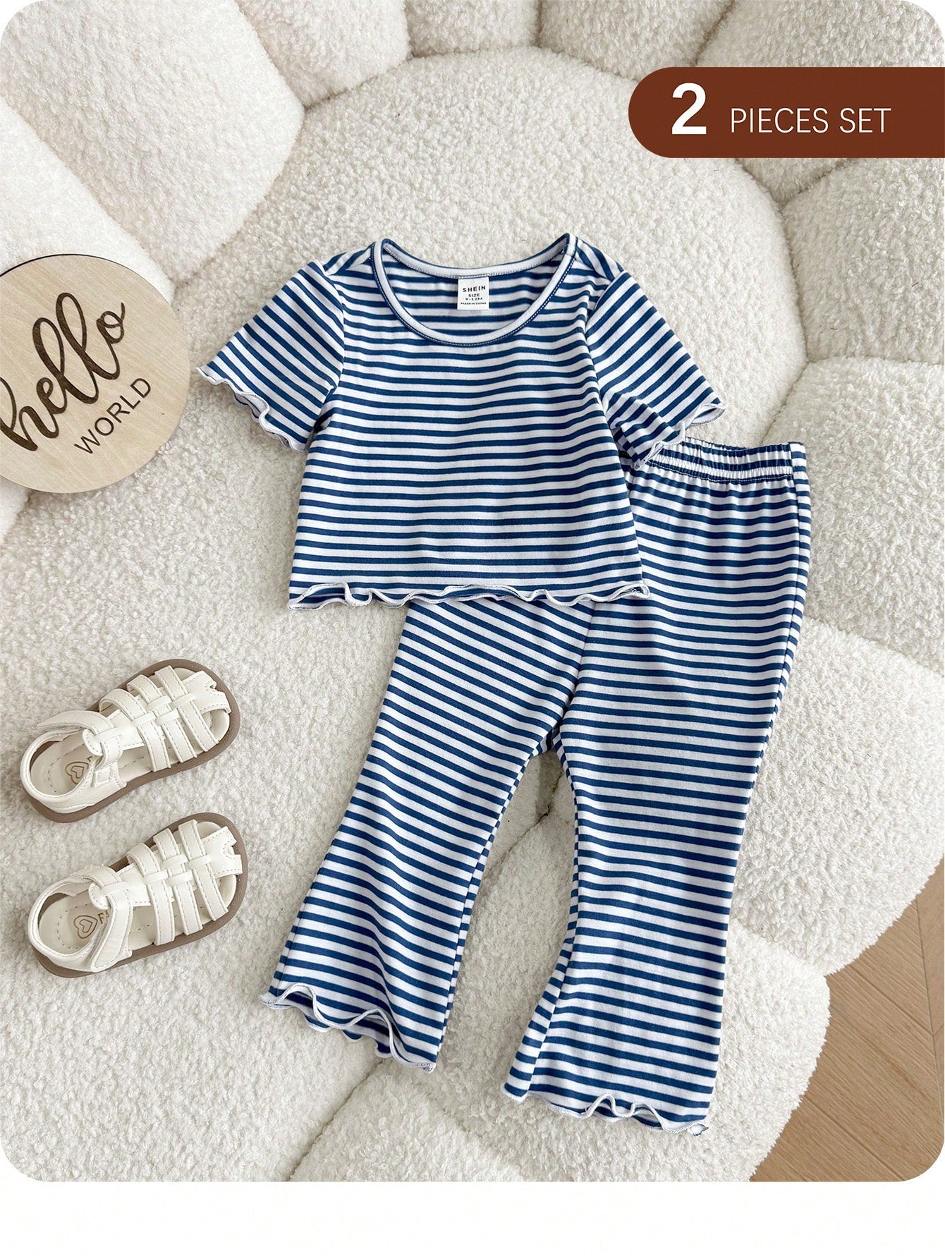 Baby GirlStriped Polo Shirt + Flare Pants 2 Pieces Set, Casual Outfit With Bow Print