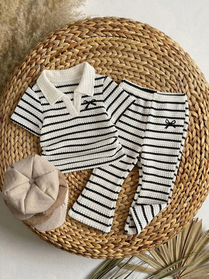 Baby GirlStriped Polo Shirt + Flare Pants 2 Pieces Set, Casual Outfit With Bow Print