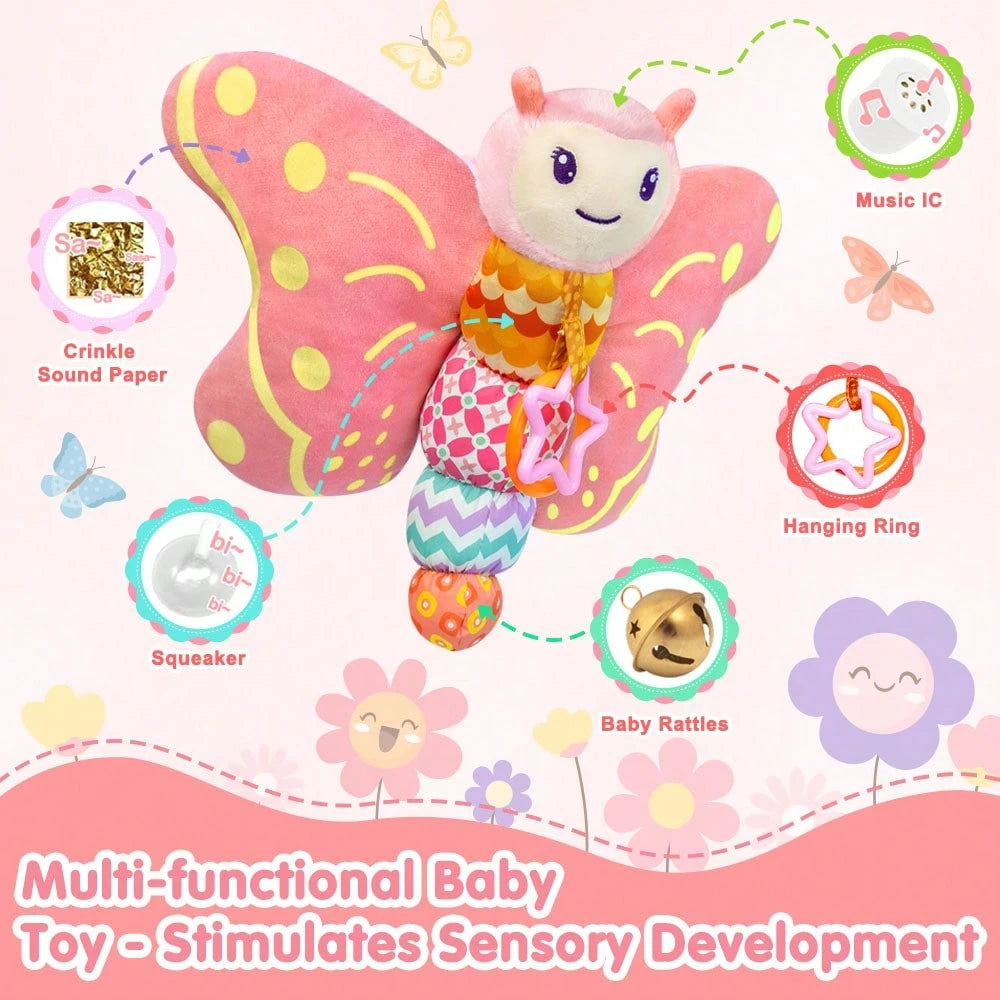 Baby Music Plush Toy, Pink & Blue Butterfly Sensory Toy With Squeak Rattle Ruffle Wings, Suitable For Baby's 0-3-6-12 Months, Hanging Ring, Tummy Time Toy, Valentine's Day Gift Christmas Gift Hallowee