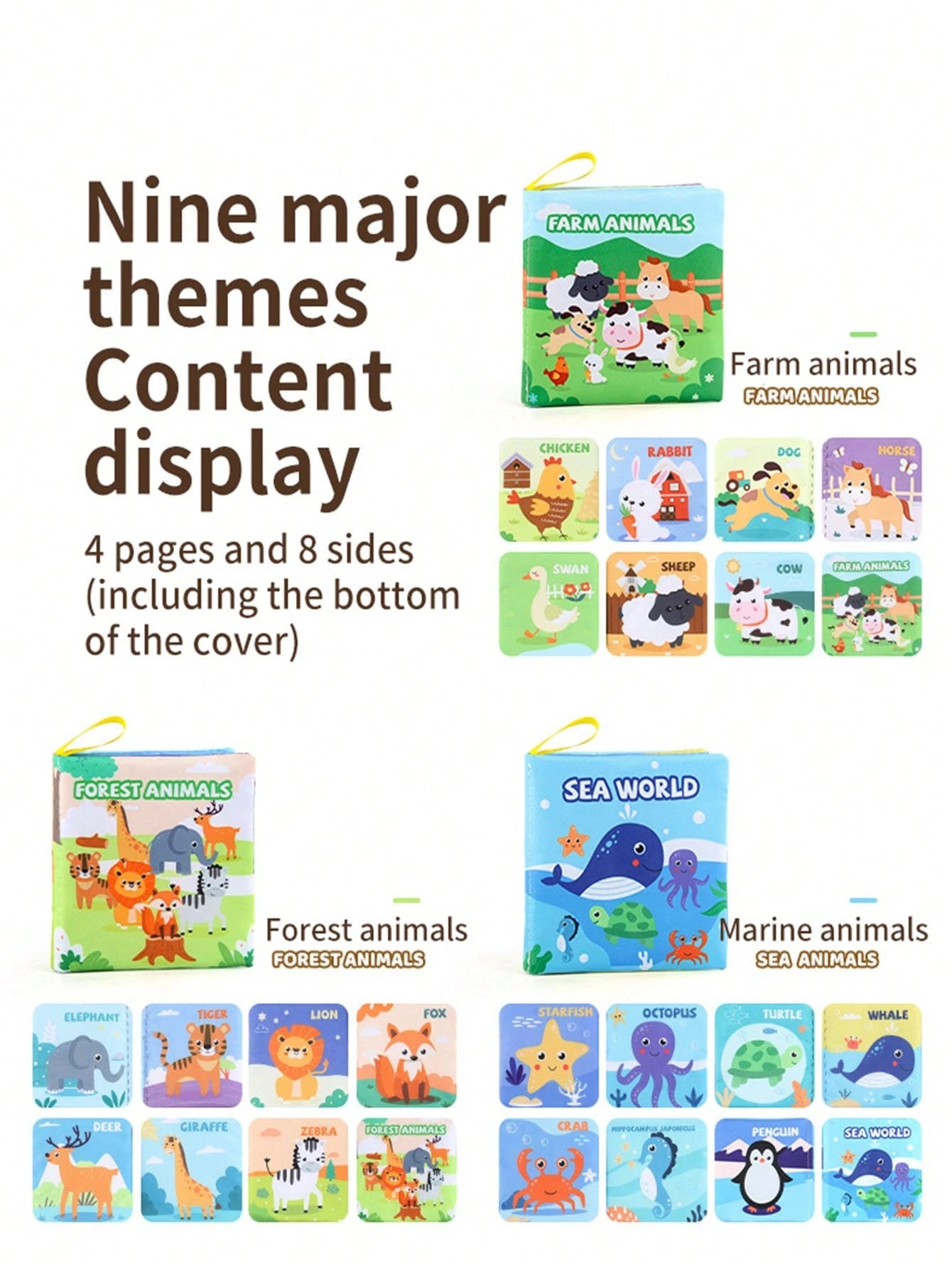 Baby Unbreakable Early Educational Teething Cloth Book With Animals, Vehicles And English Text, Cognitive Learning Toy