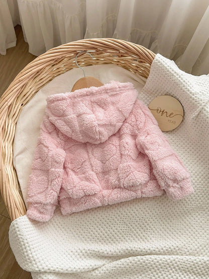 Babygirl Casual Solid Color Cute Heart Fluffy Hooded Jacket,In Fall/Winter