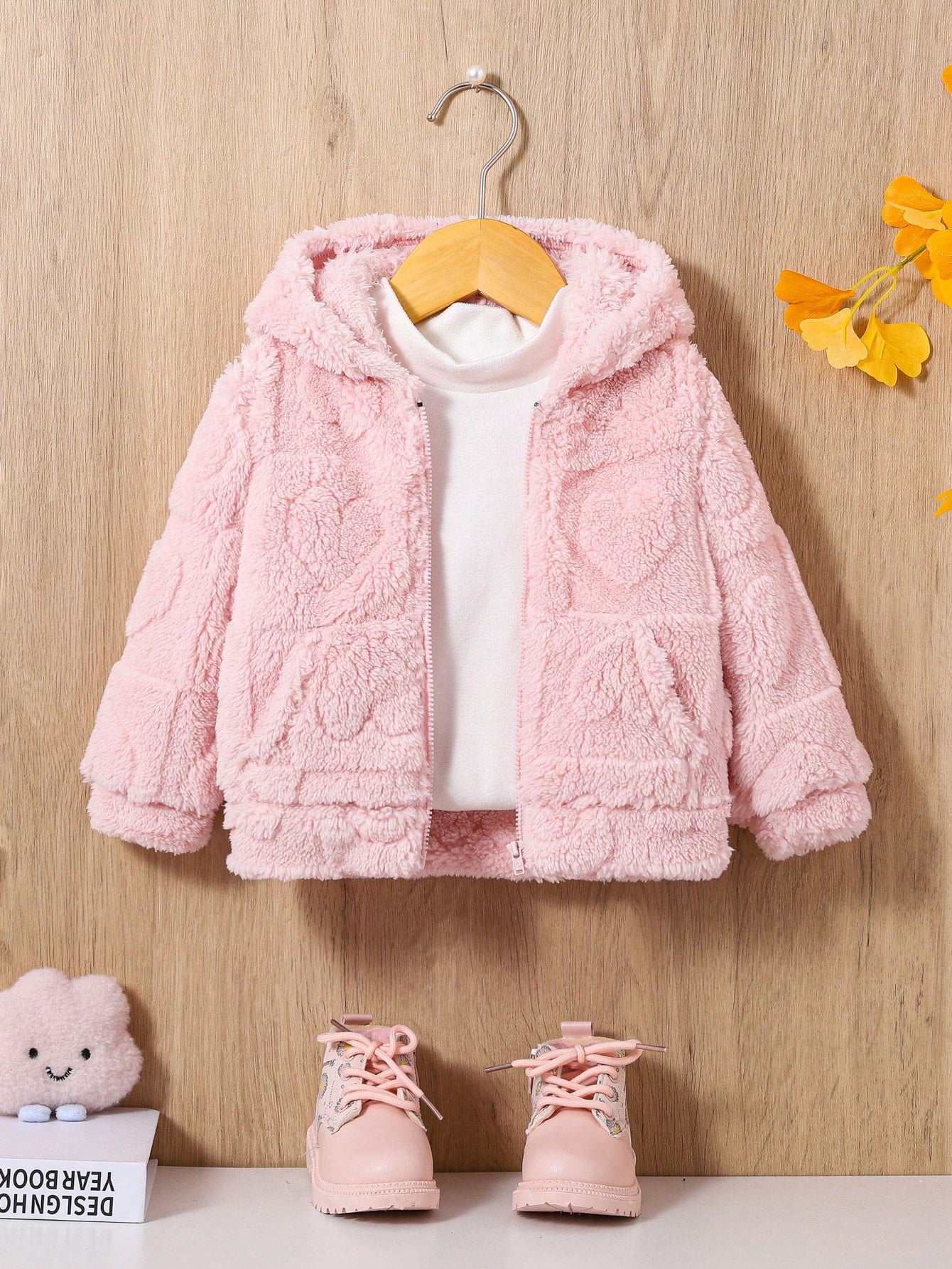 Babygirl Casual Solid Color Cute Heart Fluffy Hooded Jacket,In Fall/Winter