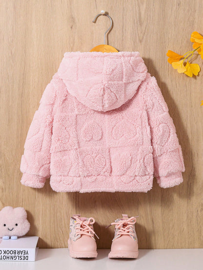 Babygirl Casual Solid Color Cute Heart Fluffy Hooded Jacket,In Fall/Winter
