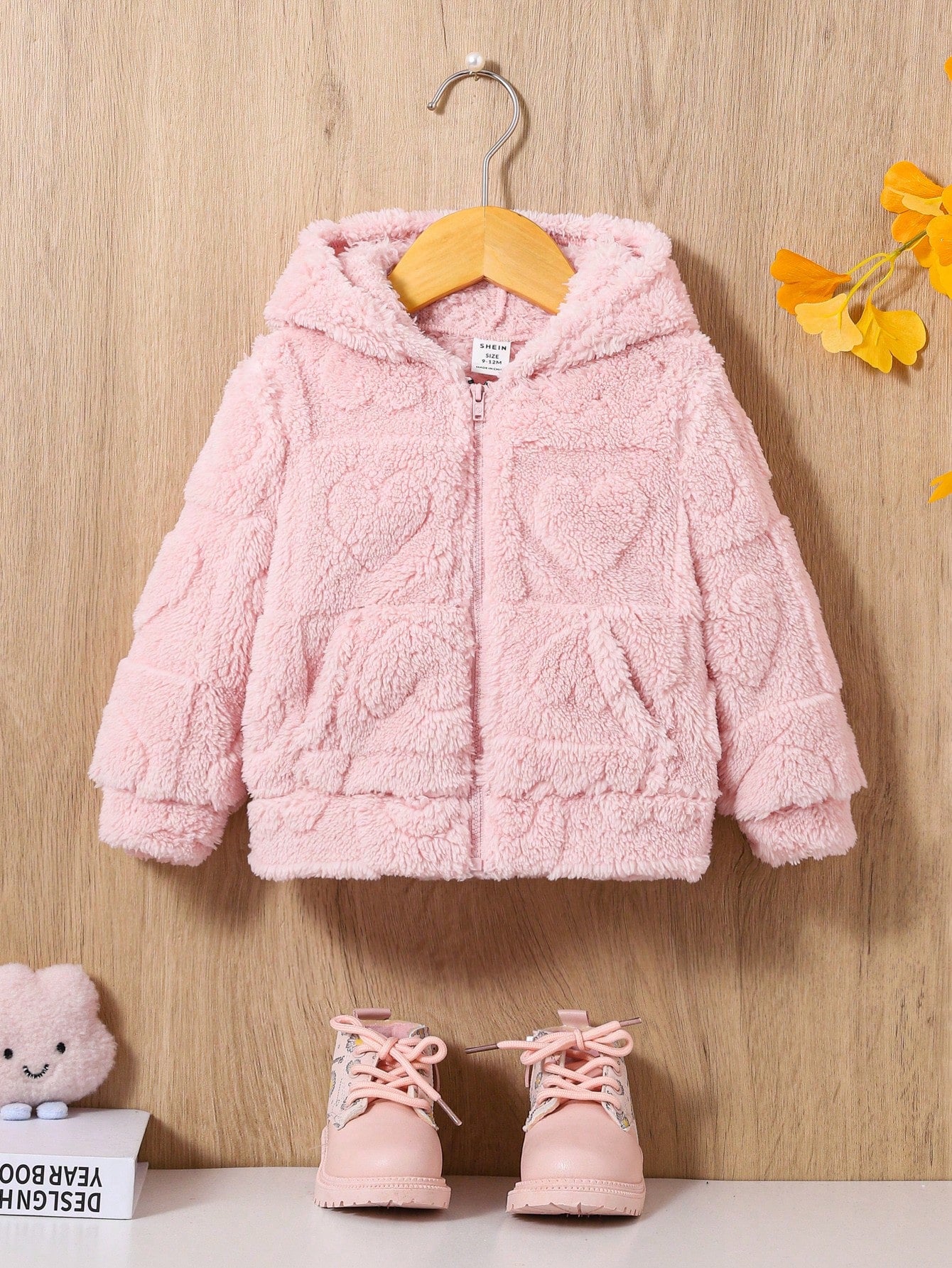 Babygirl Casual Solid Color Cute Heart Fluffy Hooded Jacket,In Fall/Winter