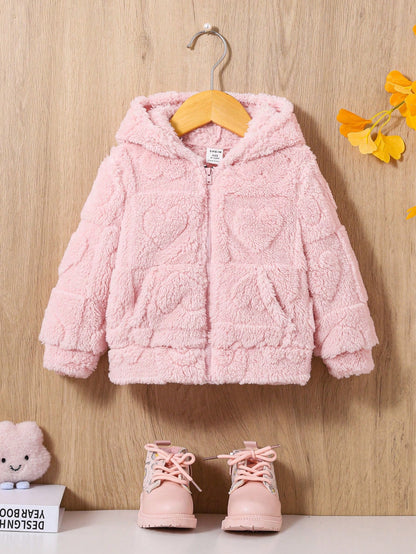 Babygirl Casual Solid Color Cute Heart Fluffy Hooded Jacket,In Fall/Winter