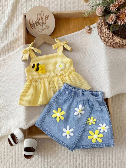 Babygirl Cute Casual Versatile Vacation Striped Elastic Waist Shorts(Only Sell Pants)
