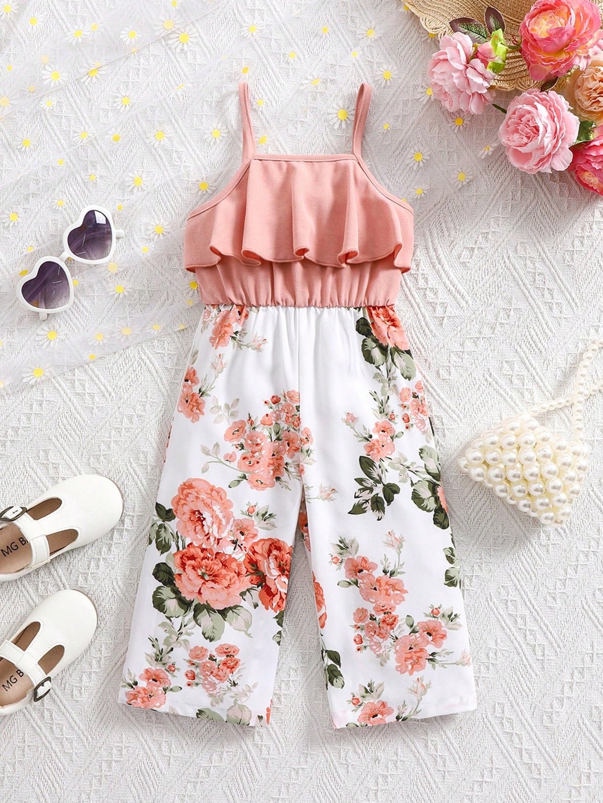 Babygirl Cute Floral Print Sleeveless Jumpsuit, Summer