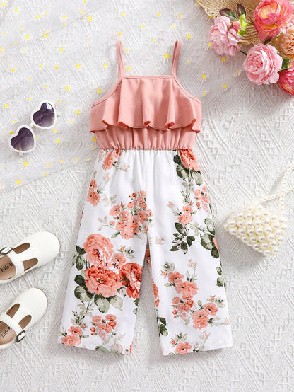 Babygirl Cute Floral Print Sleeveless Jumpsuit, Summer