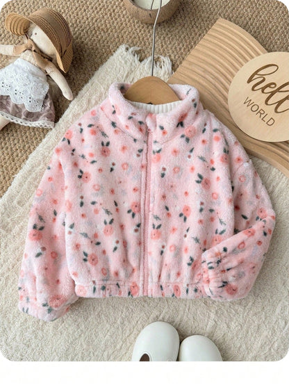 Babygirl Cute Versatile Casual Fuzzy Ditsy Floral Long Sleeve Winter Jacket