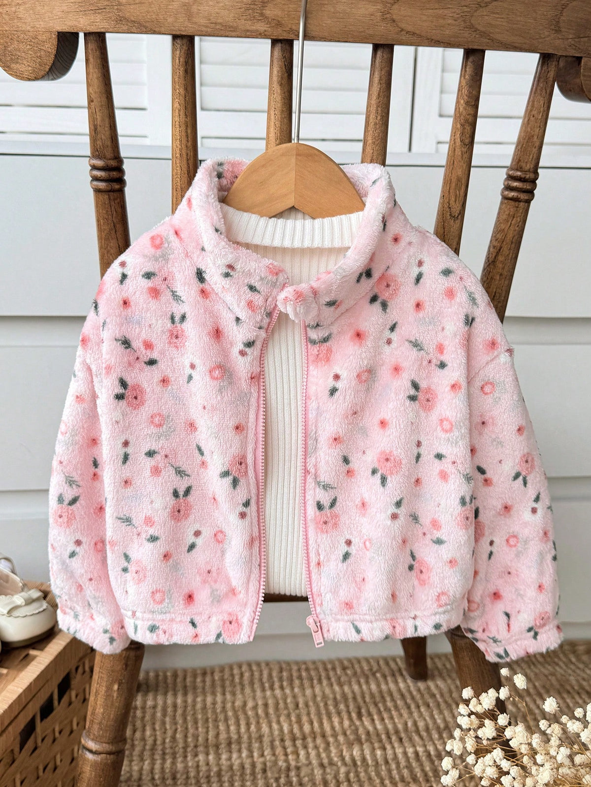 Babygirl Cute Versatile Casual Fuzzy Ditsy Floral Long Sleeve Winter Jacket