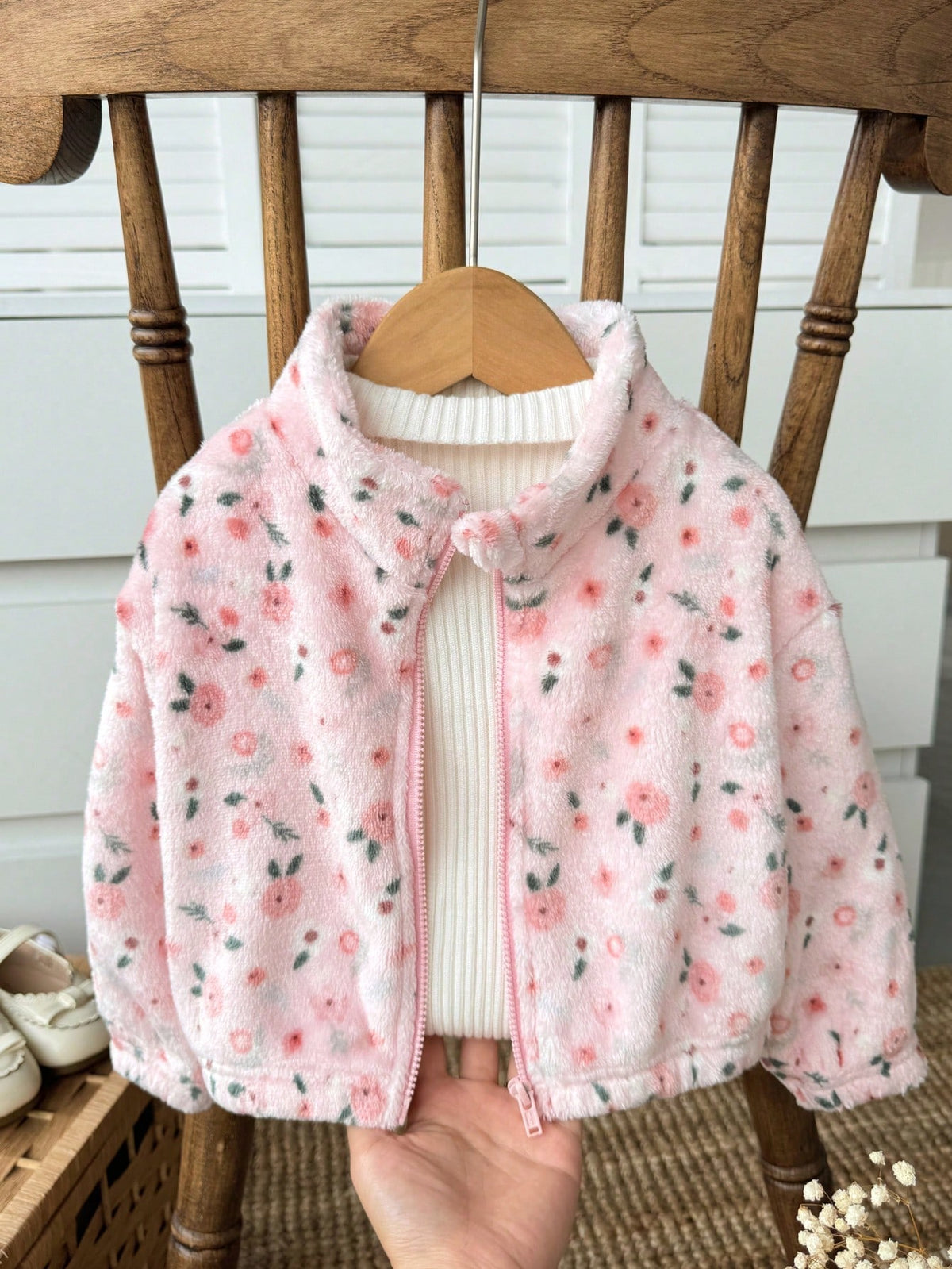 Babygirl Cute Versatile Casual Fuzzy Ditsy Floral Long Sleeve Winter Jacket