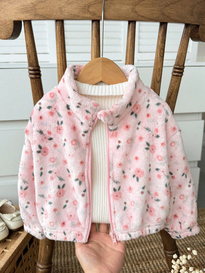 Babygirl Cute Versatile Casual Fuzzy Ditsy Floral Long Sleeve Winter Jacket