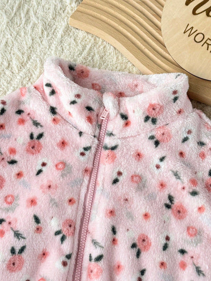 Babygirl Cute Versatile Casual Fuzzy Ditsy Floral Long Sleeve Winter Jacket