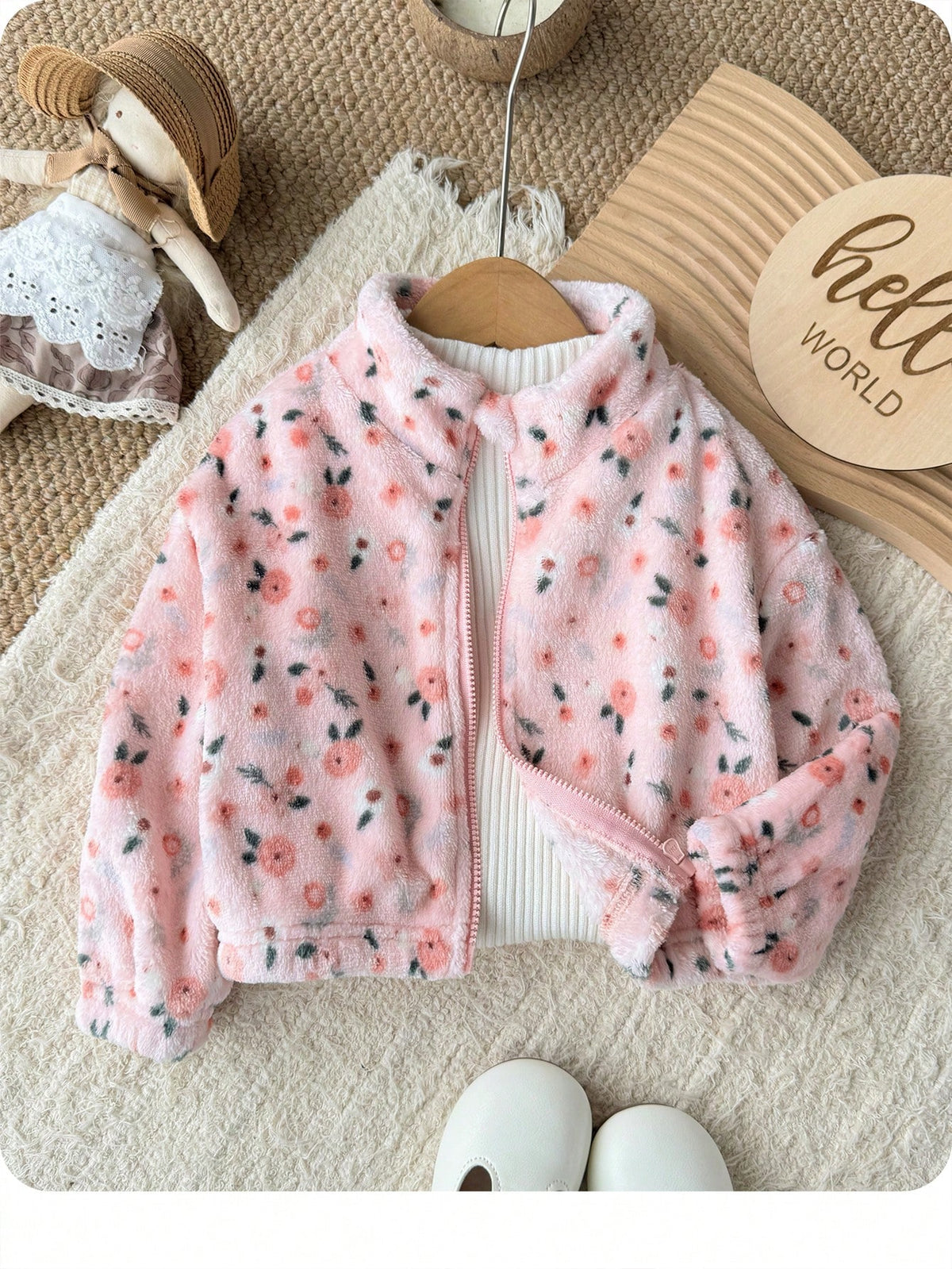 Babygirl Cute Versatile Casual Fuzzy Ditsy Floral Long Sleeve Winter Jacket