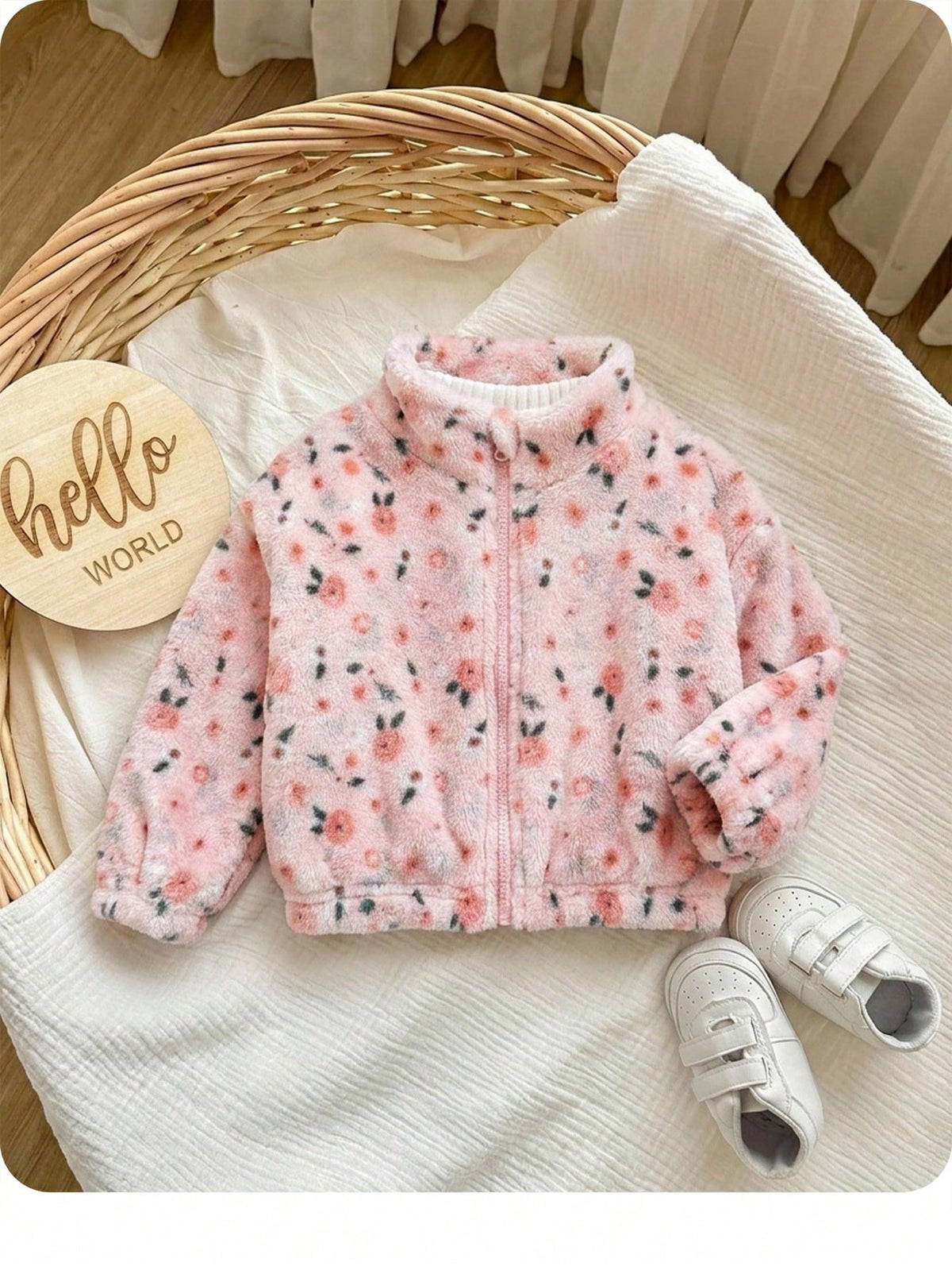 Babygirl Cute Versatile Casual Fuzzy Ditsy Floral Long Sleeve Winter Jacket