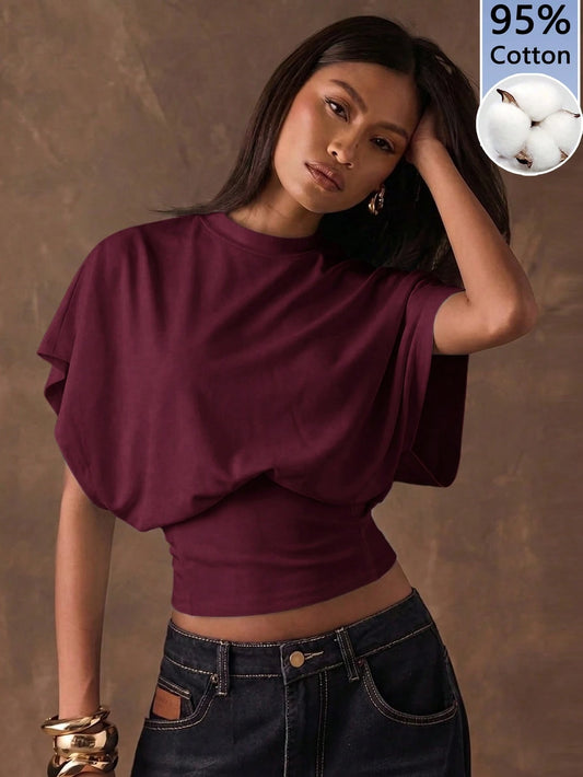 BAE 95% Cotton Full Width Short Sleeve T-Shirt Women Burgundy Suitable For Summer