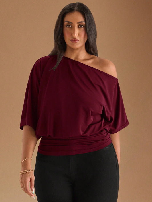 BAE Black Casual Slash Shoulder Asymmetrical T-Shirt, Versatile For Daily Wear, Dating, Afternoon Tea, Hanging Out With Friends, All-Matching Occasions