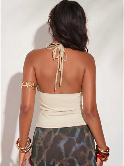 BAE Brown Beaded Fringe Backless Knit Top, Suitable For Beach, Casual Holidays, Outings, Beaded Top, Beach Top, Music Festivals, Carnival Parties, Ibiza,Summer Top
