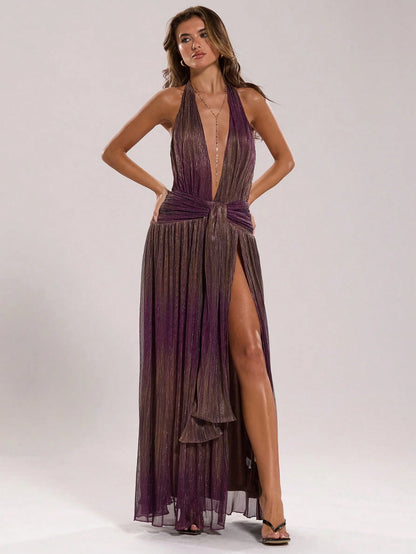 BAE Dark Purple Summer Elegant Sexy Strapless Deep V Neckline Off The Shoulder Multi-Wear High Slit Maxi Dress For Beach Party Club Night Out Festival
