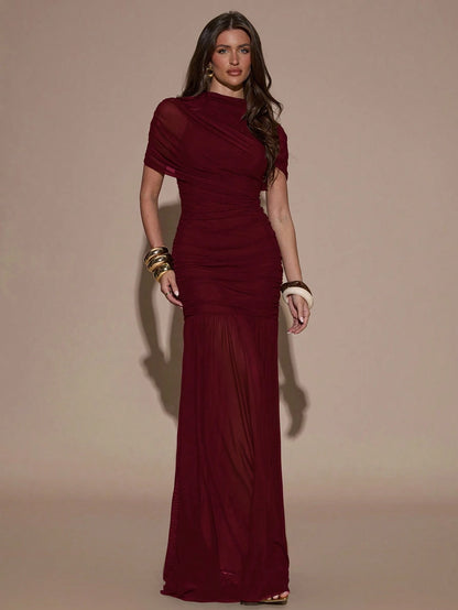 BAE Elegant Ruched Skirt Bodycon Dress, Suitable For Cocktail Party, Date, Autumn/Winter Layering, Formal Gathering Burgundy Women