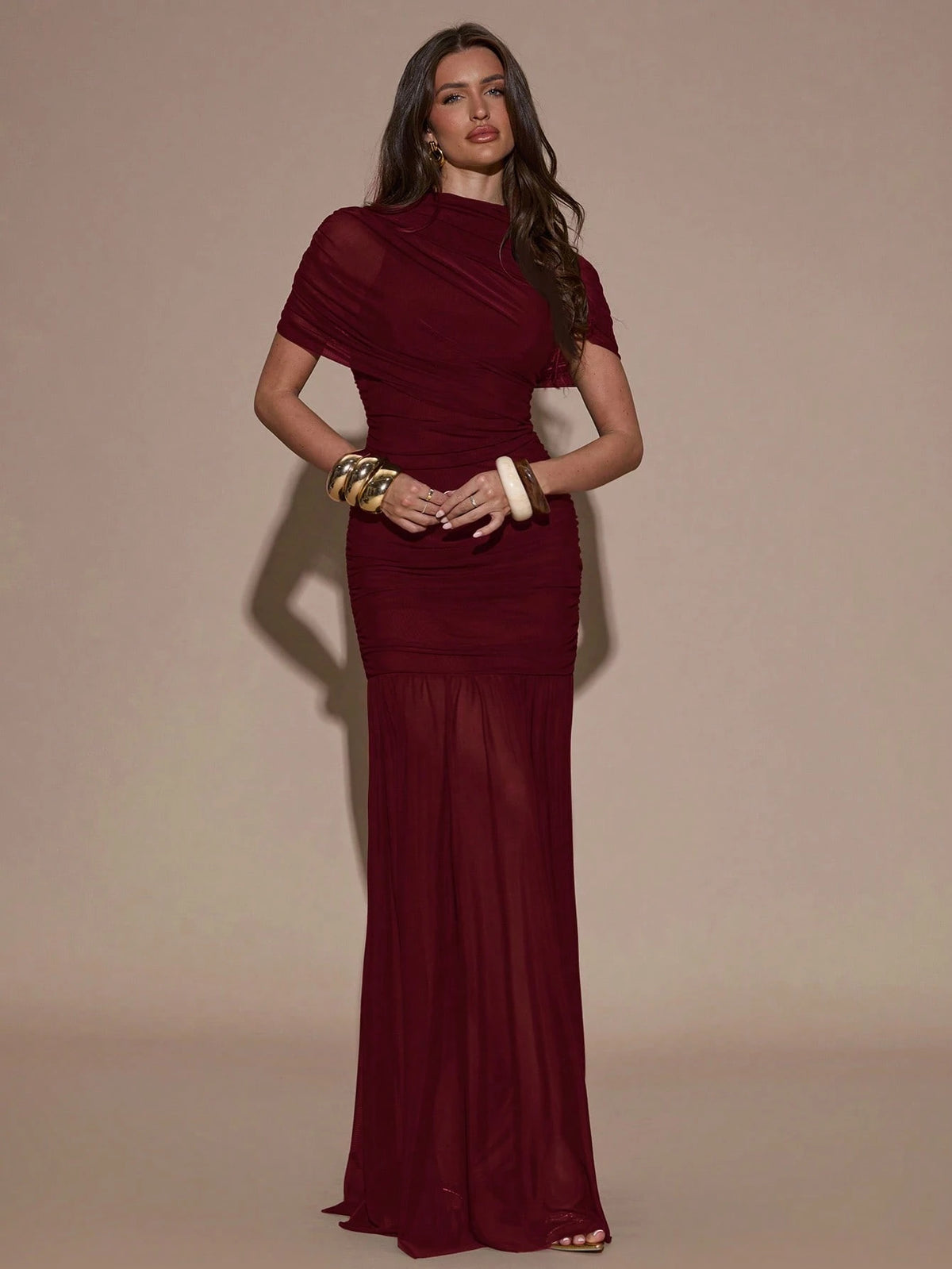 BAE Elegant Ruched Skirt Bodycon Dress, Suitable For Cocktail Party, Date, Autumn/Winter Layering, Formal Gathering Burgundy Women
